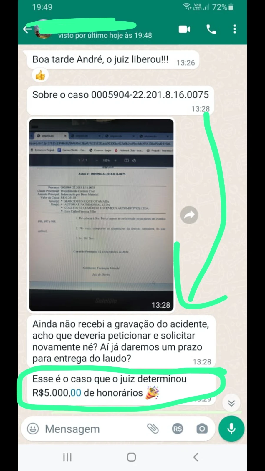 Aluna relatando caso judicial concluído com honorários arbitrados pelo juiz