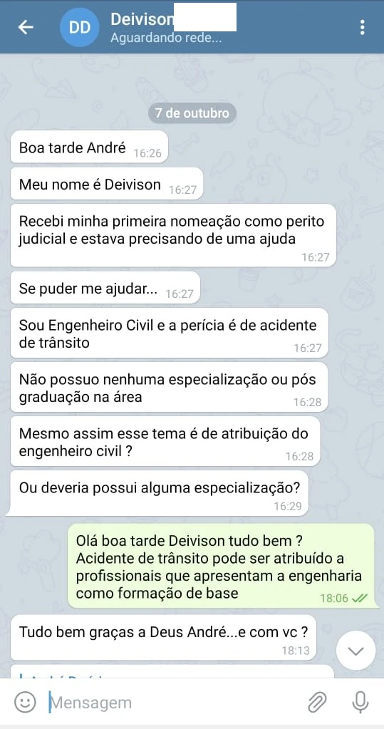 Aluno engenheiro civil relatando nomeação como perito