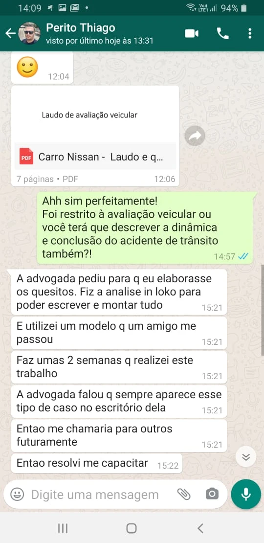 Aluno Thiago comentando sobre avaliação veicular