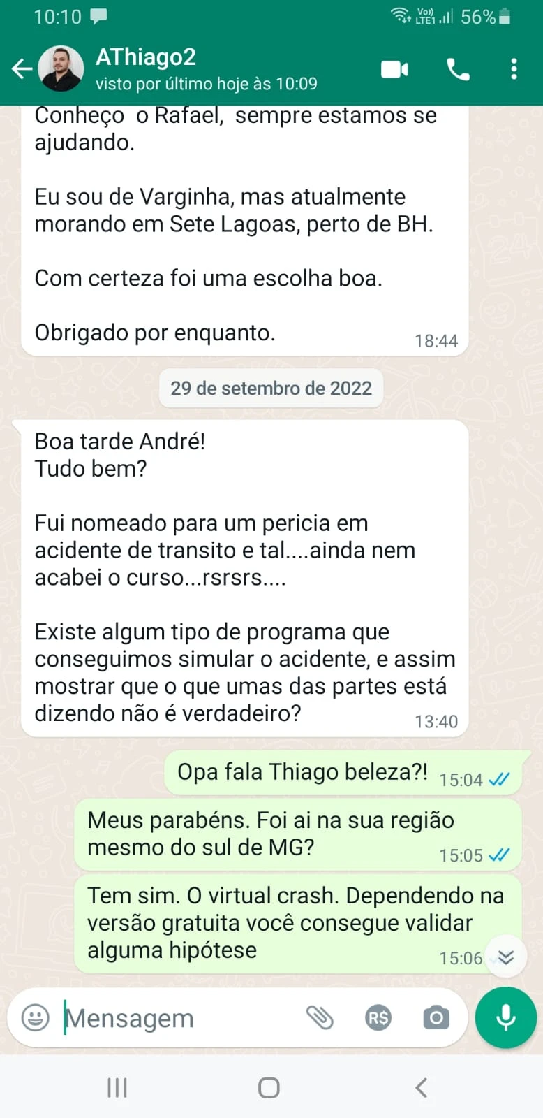 Aluno Tiago relatando sua primeira nomeação como perito