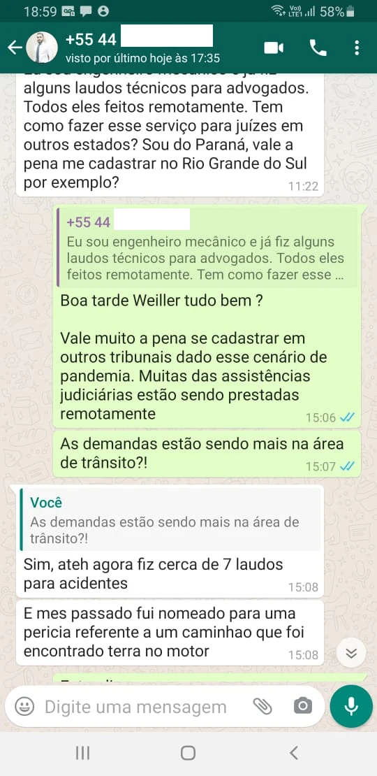 Aluno Willer relatando ter realizado 7 perícias em trânsito