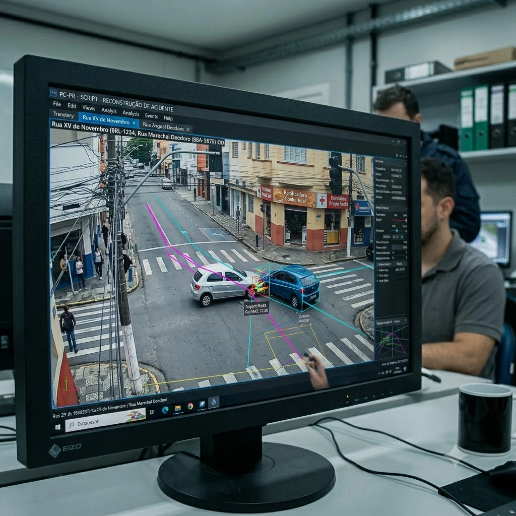 Análise forense de um acidente de trânsito a partir de gravação de vídeo, com o quadro do sinistro sob avaliação técnica em software de perícia