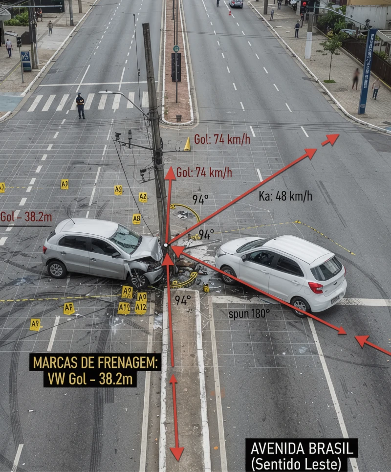 Reconstrução de uma colisão entre dois veículos, com vetores de velocidade, ângulos de impacto e marcas de frenagem sobrepostos à cena do acidente