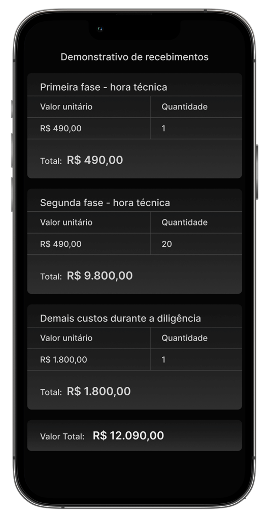Mockuo iphone 13 max com imagem do demonstrativo de recebimentos de um perito em trânsito. Esta imagem faz parte do curso profissão perito em trânsito expert, André Bittencourt