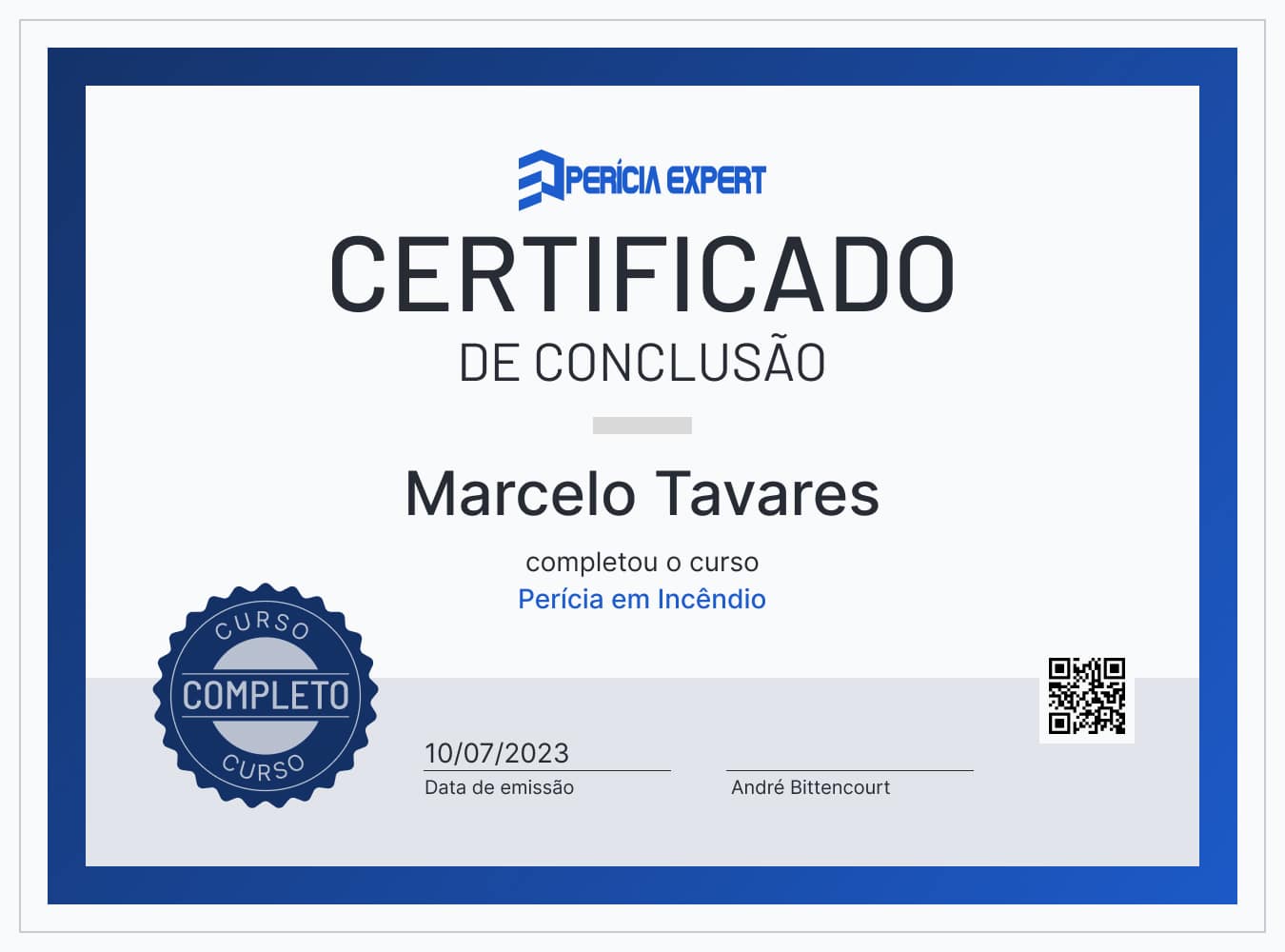 A imagem contem a ilustração de um certificado de conclusão de curso para o curso de Perícia em Incêndio