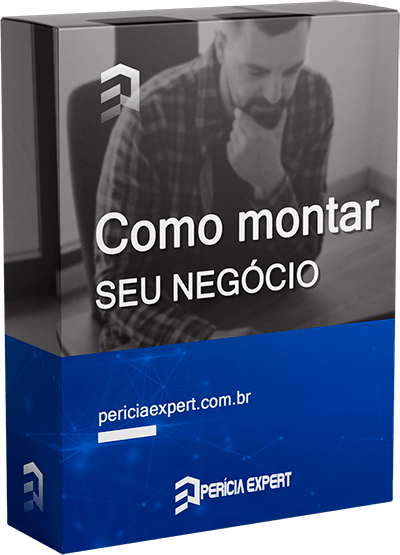 Box mockup ilustrativo ilustrando o bônus 'Como montar seu negócio' do curso de Perícia em Acidentes de Trânsito. A foto na capa do mockup é um homem com a mão no queixo, manuseando um laptop.