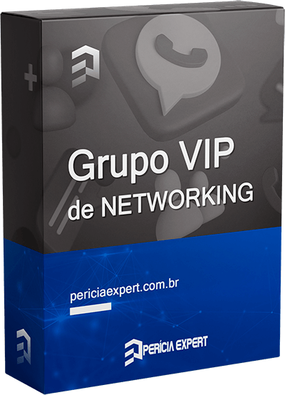 Box mockup ilustrativo ilustrando o bônus 'Grupo vip de networking' do curso de Perícia em Acidentes de Trânsito. A foto na capa do mockup são ícones de chat e do whatsapp.