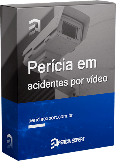 Box mockup ilustrativo ilustrando o bônus 'Perícia em acidentes por vídeo' do curso de Perícia em Acidentes de Trânsito. A foto na capa do mockup é uma câmera de segurança CCTV.