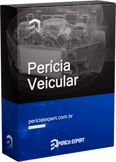 Box mockup ilustrativo ilustrando o bônus 'Perícia Veicular' do curso de Perícia em Acidentes de Trânsito. A foto na capa do mockup é o raio-x do cofre do motor de um carro.